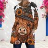 Women Plus Size Round Neck Long Sleeve T Shirt Cute Teddy Bear Pumpkin Print Loose Longline With Pockets
