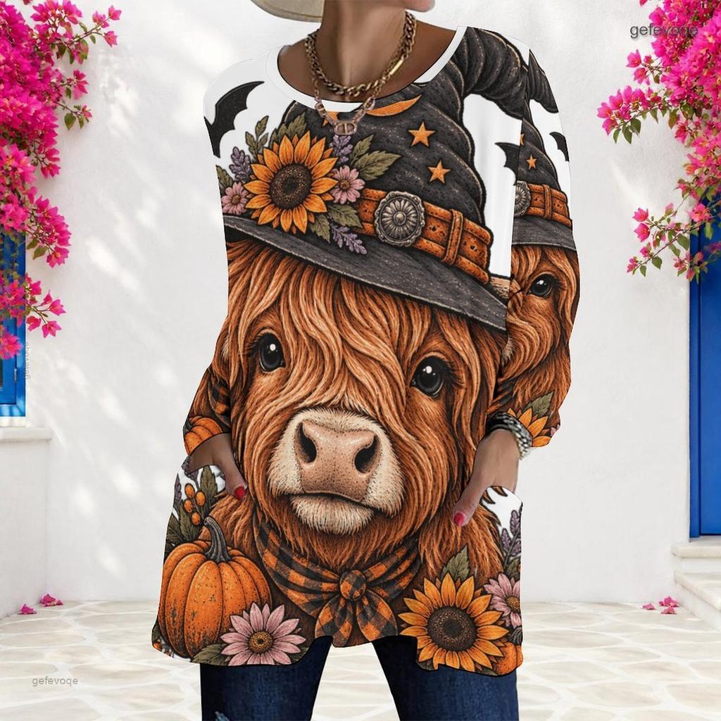 Women Plus Size Round Neck Long Sleeve T Shirt Cute Teddy Bear Pumpkin Print Loose Longline With Pockets