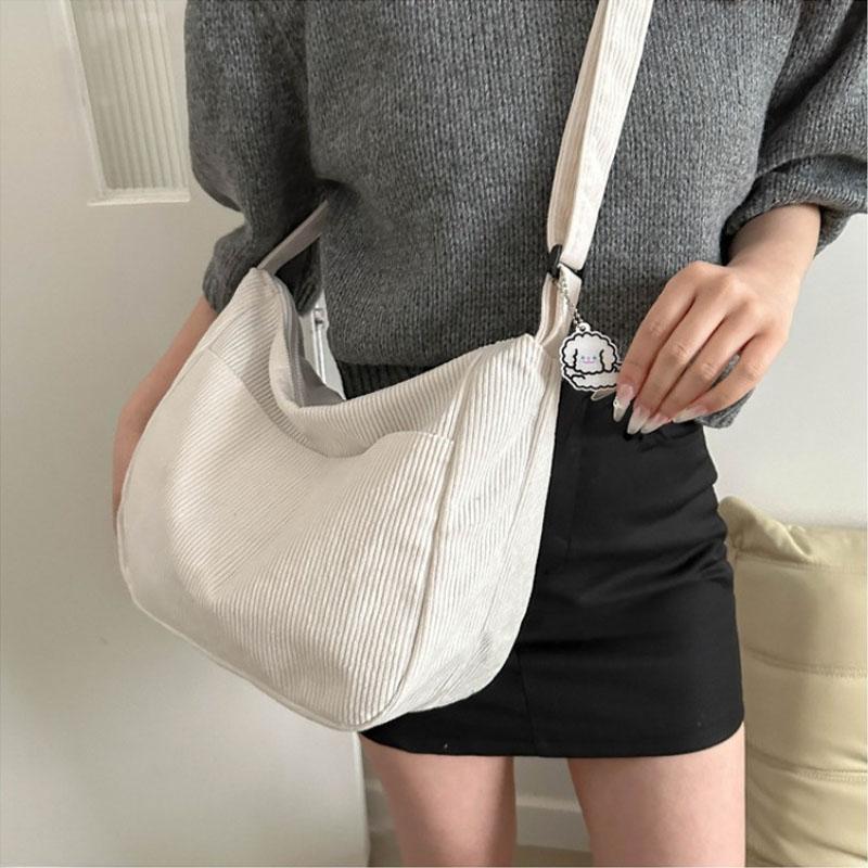 Damen Cord Schultertasche, Lässige Gestreifte Tragetasche mit Großem Fassungsvermögen und Reißverschluss, Niedlicher Hut-Aufnäher, Perfekt für den täglichen Gebrauch