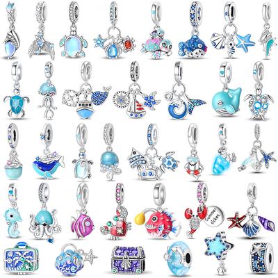 Ocean World Series Sea Blue Turtle Starfish Crab Octopus Charms Bead Fit Bracelet Copper Diy Jewelry Gift