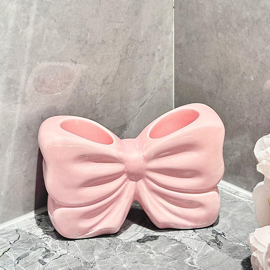 Visually Appealing Ceramic Toothbrush Holder with Bow Design Moisture-Resistant Bathroom Organizer, Freestanding Modern Vanity Decor for Countertop,