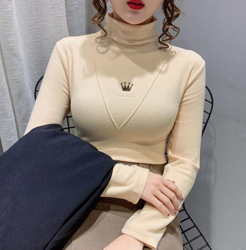 

Зимняя рубашка с толстым дном для женщин, теплая блузка, водолазка, пуловеры с вышивкой буквами L слоновая кость