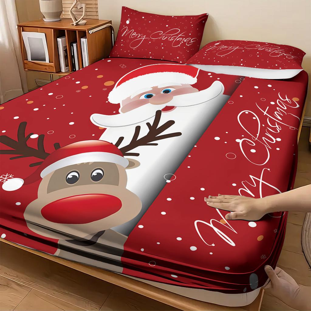 Santa Claus Elk Christmas Tree Print Coreless Fitted Sheet Set Christmas Theme Fitted Sheet Soft Bedspread Bedroom Bedding Decor