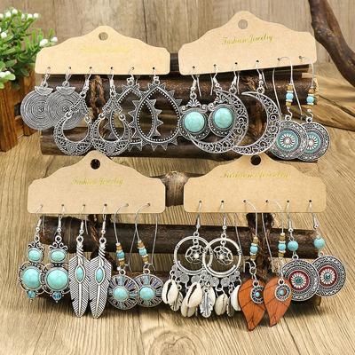 Ethnic Style Zinc Alloy Drop Earring Turquoise Combination Set Silver Plated Geometry Hollow Design Leaf Feather Shell Gift