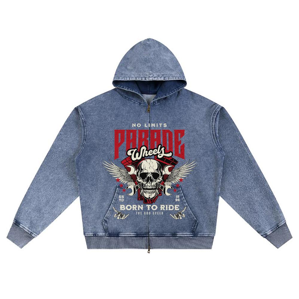 DTG Print Knitted Denim Zip-Up Hoodie Streetwear Motorcycle Brother Print Zipper Hoodies  