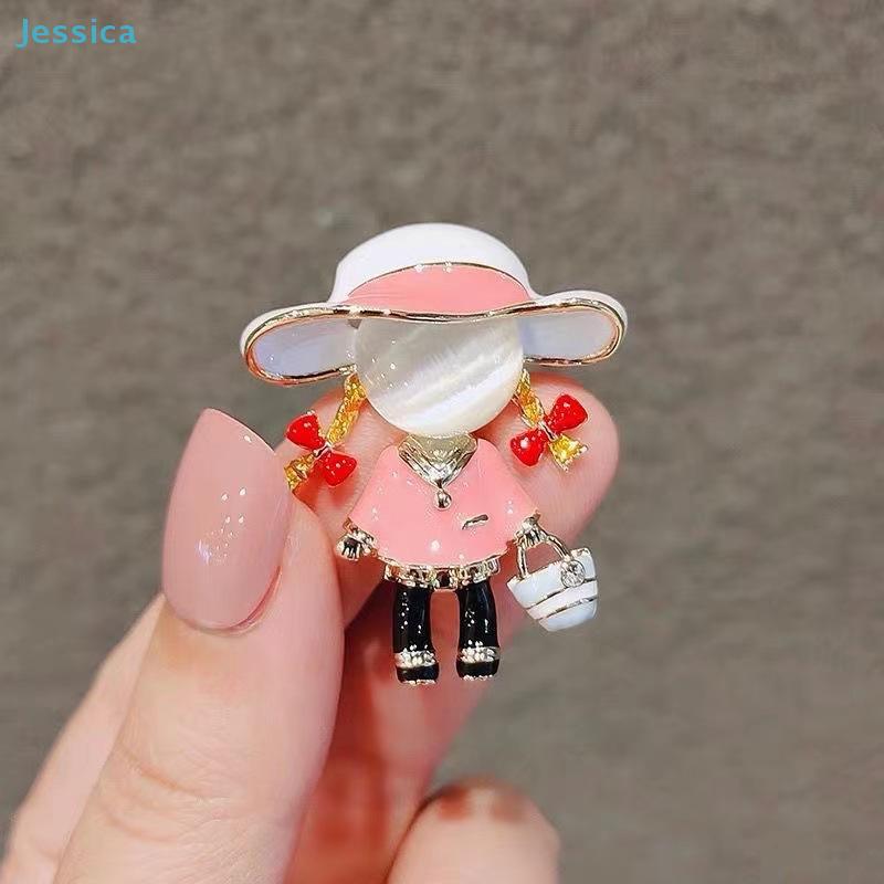 Pink Enamel Little Girl With Bag Brooch-Pearl Accent & Rhinestone Fashion Pin,Mini Figurine Jewelry for Coat,Bag & Daily Decor