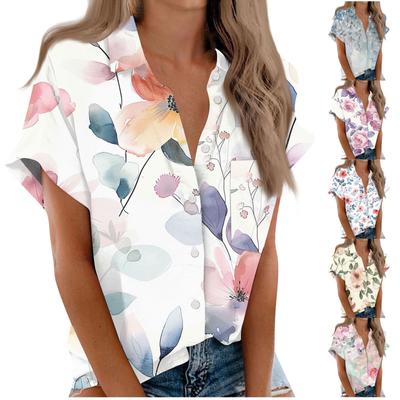 Women's Short Sleeved Shirt, Daily Fashion Printed Button Top, Chest Pocket Cardigan