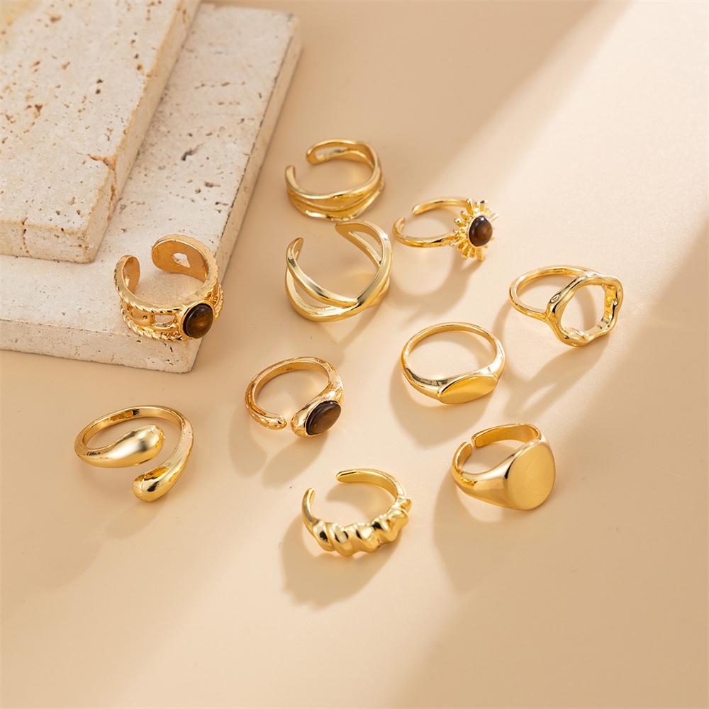 10Pcs/Set Vintage Irregular Textured Ring Set For Women Gold Plated Tiger Eye Sun Cross Geometric Knuckle Join Rings Jewelry
