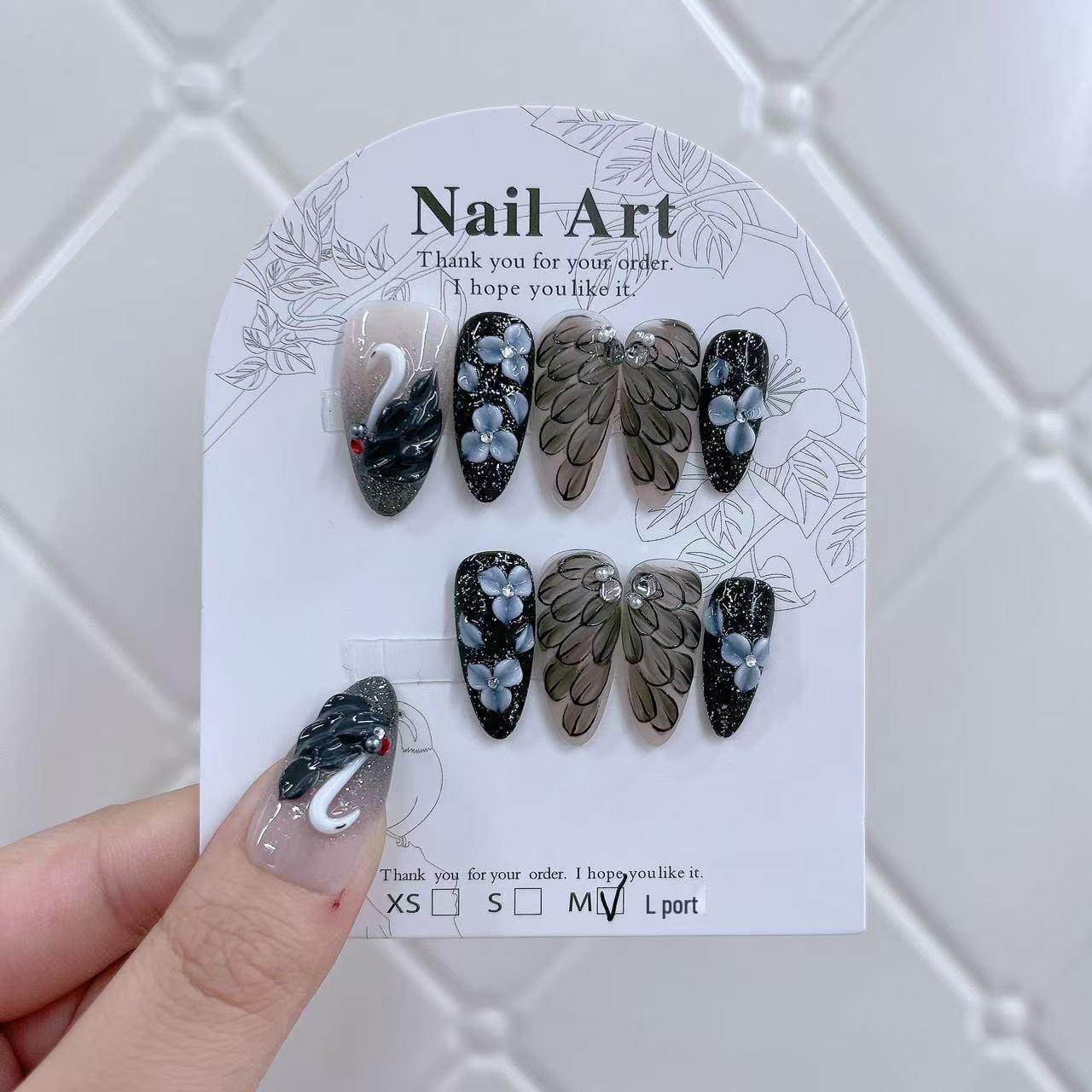 Jia Zhi Mu Высококачественные Ручная Роспись Черно-Синий Градиент Миндалевидные Накладные Ногти Small