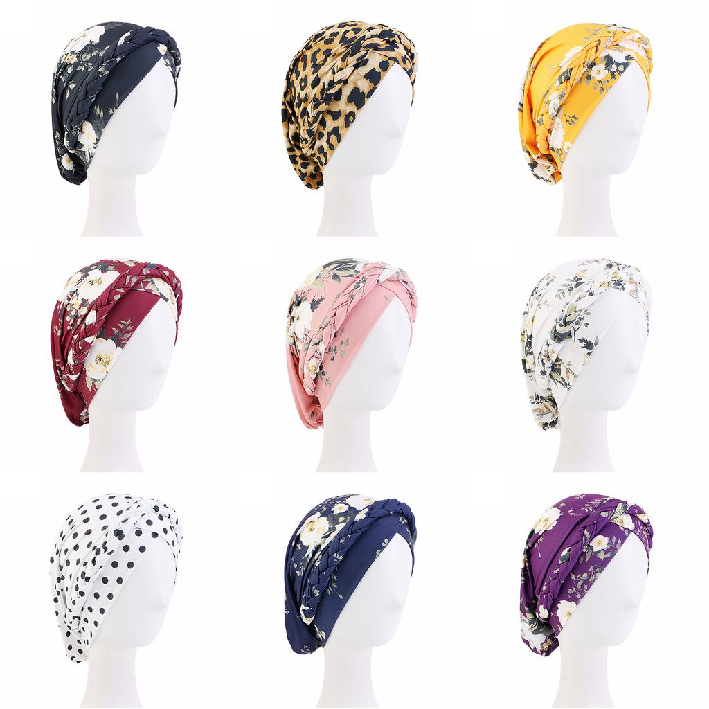 Women Muslim Hijab Bohemia Printing Pre-Tied Twisted Braid Turban Hat Elastic Handmade Bandanas Arab Wrap Chemo Cap Turbante