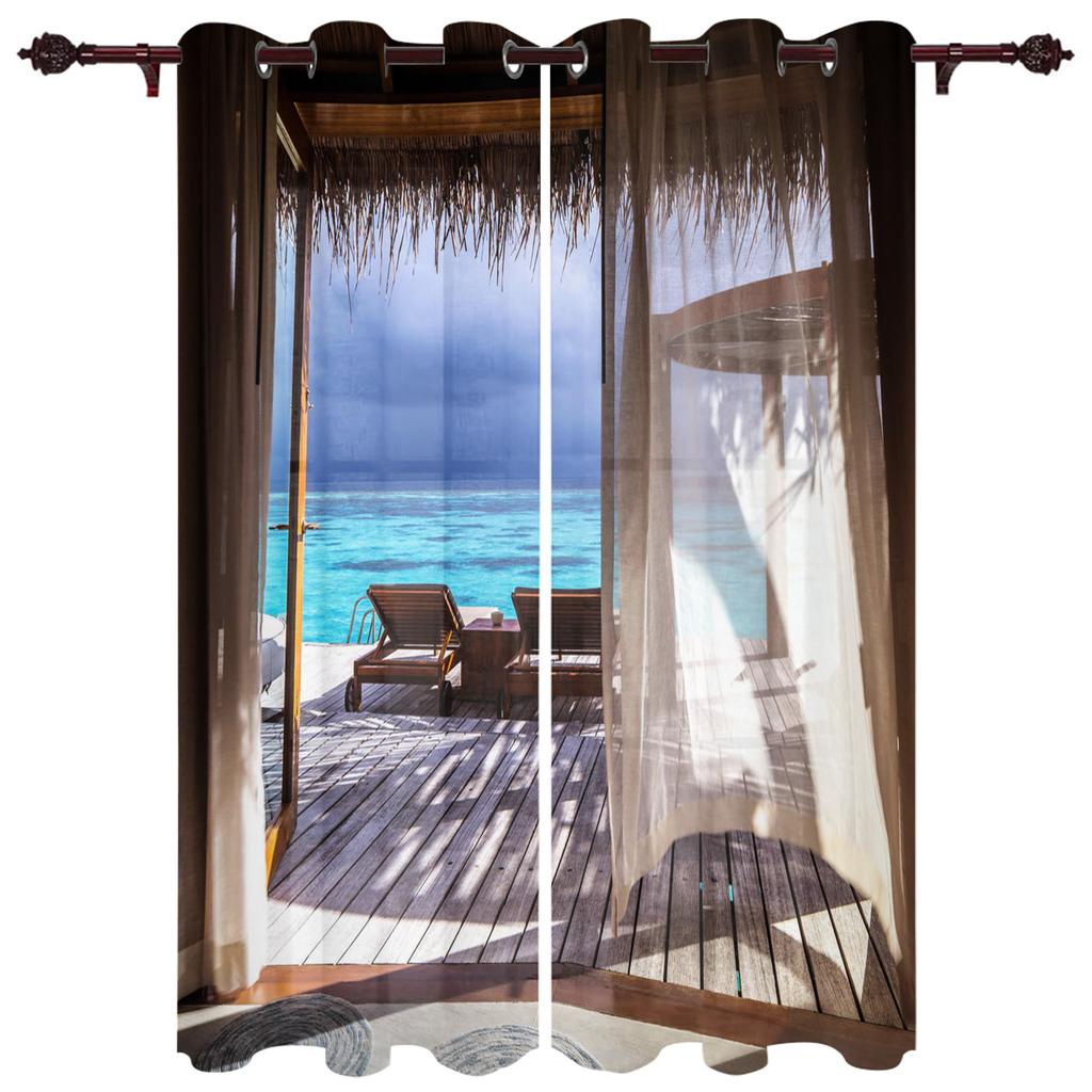 Windows Sea Beach Blue Sky White Clouds Luxury Home Curtains Modern Home Supplies Living Room Bedroom Custom Curtains