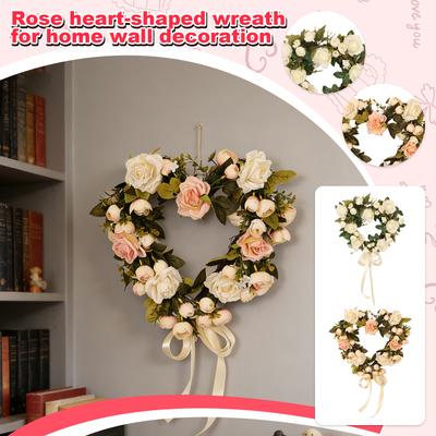 Corona Floral 3D de 40 cm en Forma de Corazón de Rosa, Flor Artificial de Primavera/Verano, Decoración de San Valentín, Arreglo de Boda, Decoración de Pared para el Hogar