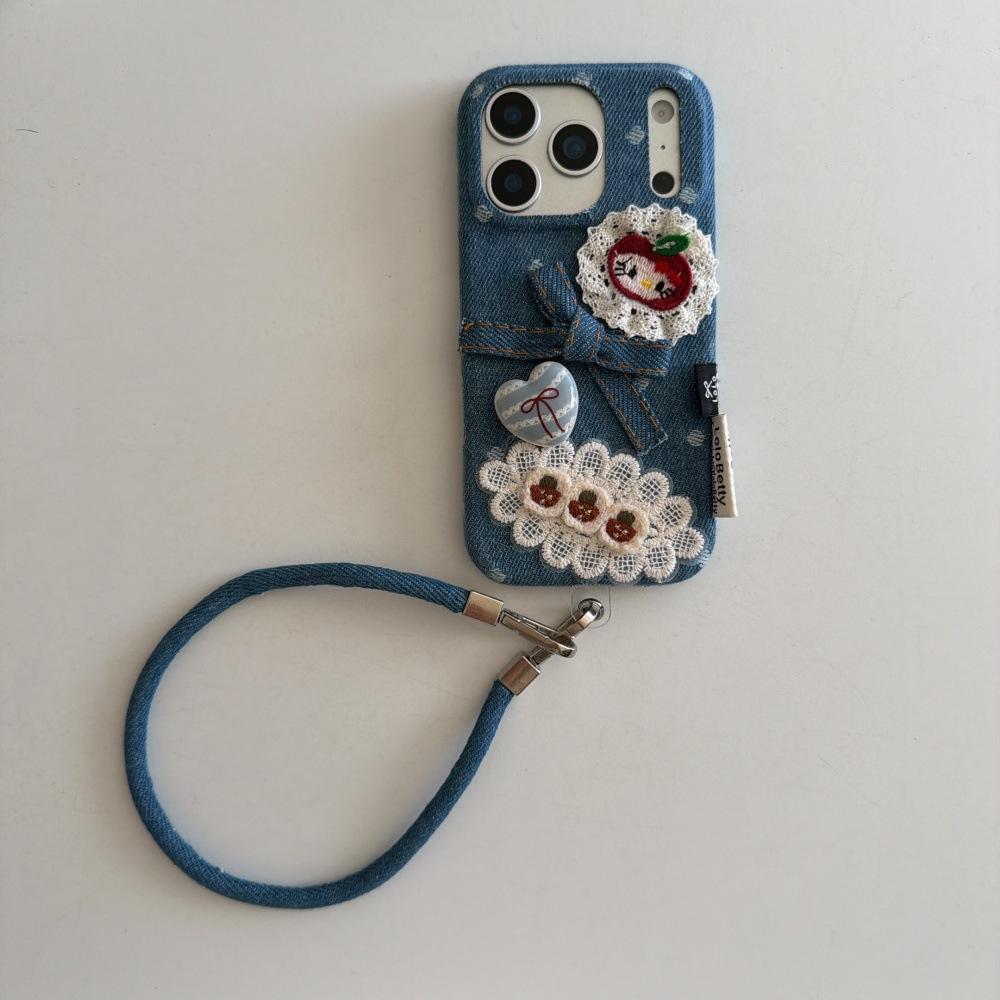 Denim Lace Kitty Kitten Mobile Phone Case for Apple 17/16PRO Cartoon Retro Case iPhone15/14P