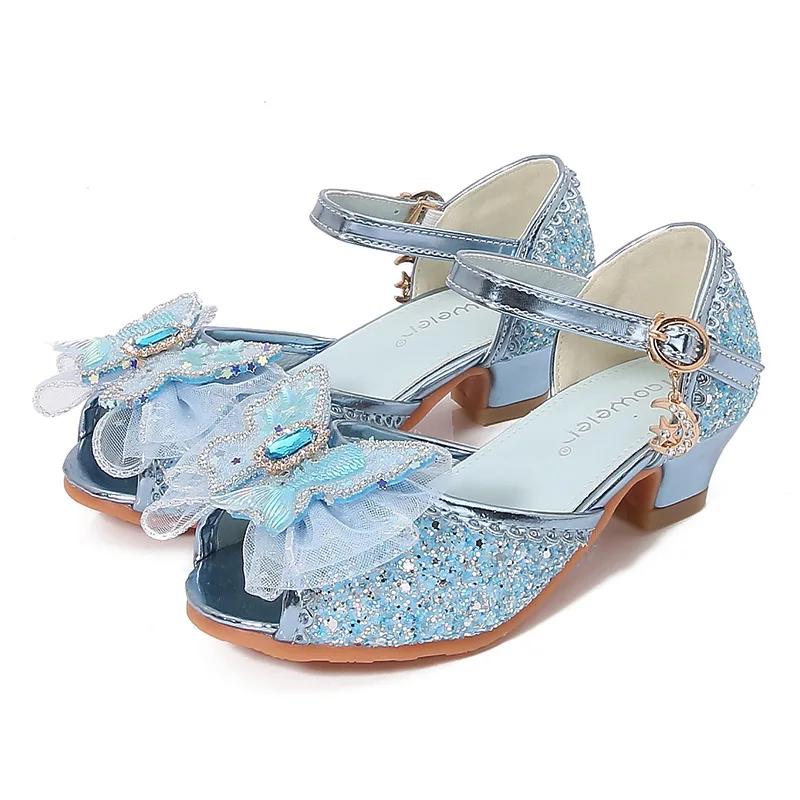 

Летние элегантные блестящие детские сандалии на высоком каблуке для девочек на свадьбу, модные повседневные детские сандалии с блестками для принцессы, новые 36 синий
