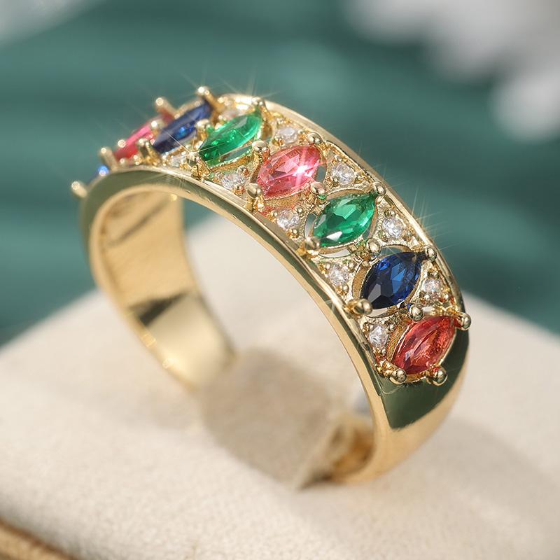 Gorgeous Inlaid Red Green Blue CZ Women's Ring Trendy Gold Color Geometry Daily Wear Party Jewelry Anniversary Gift
