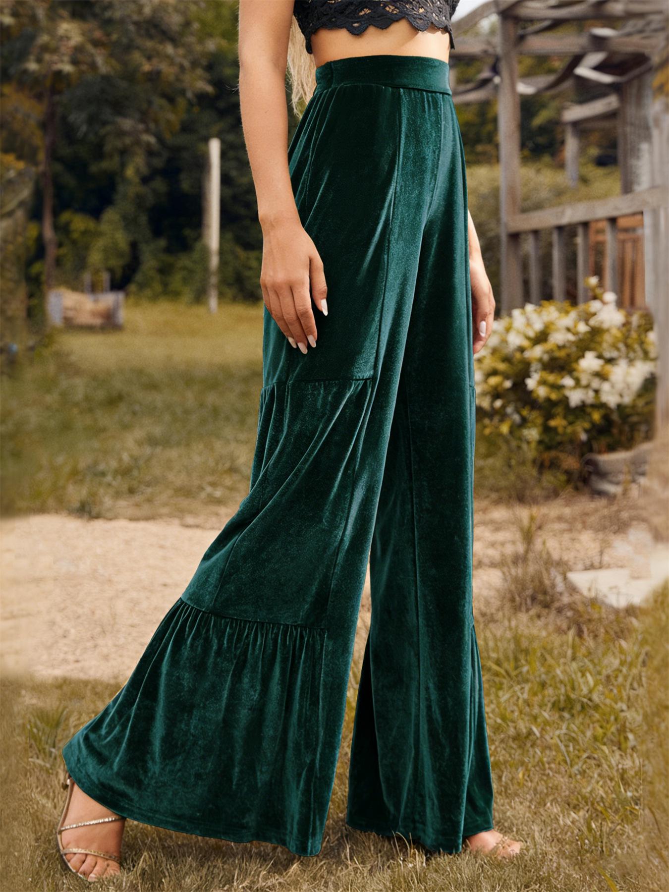 Women s Autumn/Winter Fashion Gold Velvet Ruffle Wide-Leg Pants M зелёный