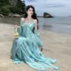 Good-looking Skirt Blue-green Vacation Style Suspender Dress Summer Film Fairy Beach Skirt Travel Photo