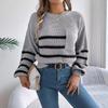 GMXIA Autumn and Winter Casual Color-blocking Striped Pocket Lantern Sleeve Pullover Sweater Women's Wear