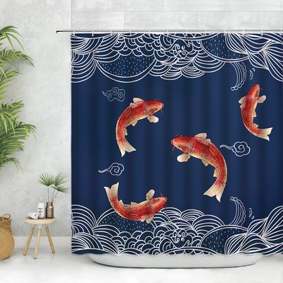 Chinese Style Goldfish Shower Curtain Set Koi Fish Watercolor Waves Wall Decorate White Cloth Bathroom Curtains Polyester Fabr