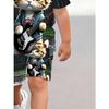 2-piece boys' shorts+T-shirt set - daily comfort style, cartoon pattern 3D guitar cat print round neck short sleeved and shorts summer set