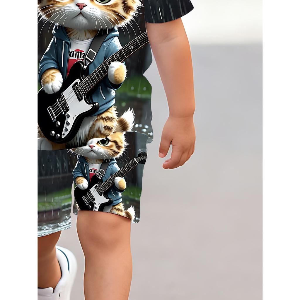 2-piece boys' shorts+T-shirt set - daily comfort style, cartoon pattern 3D guitar cat print round neck short sleeved and shorts summer set
