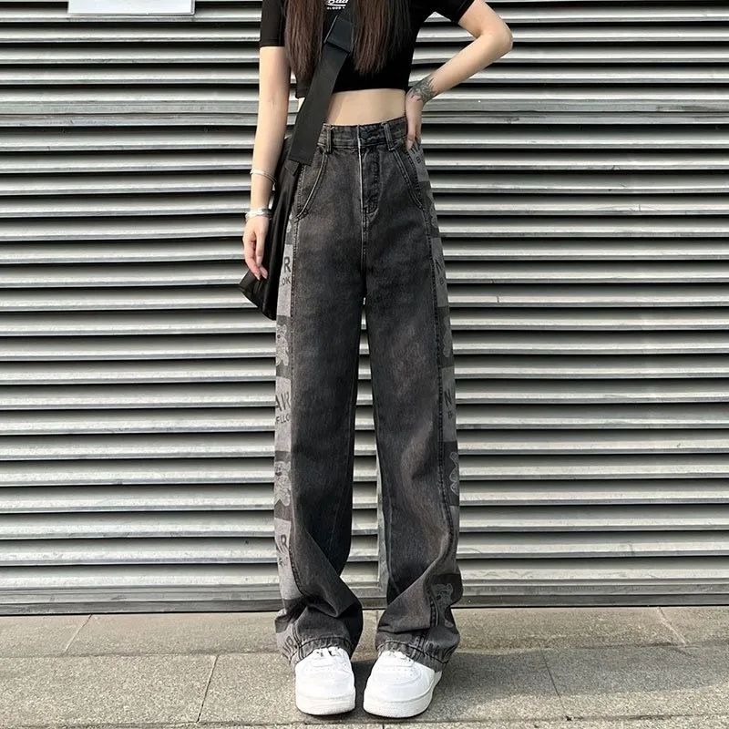 Bear Printed Cargo Jeans Y2K Streetwear s vysokým pásom 90S Baggy Jeans Ženy Nohavice Rovné džínsy