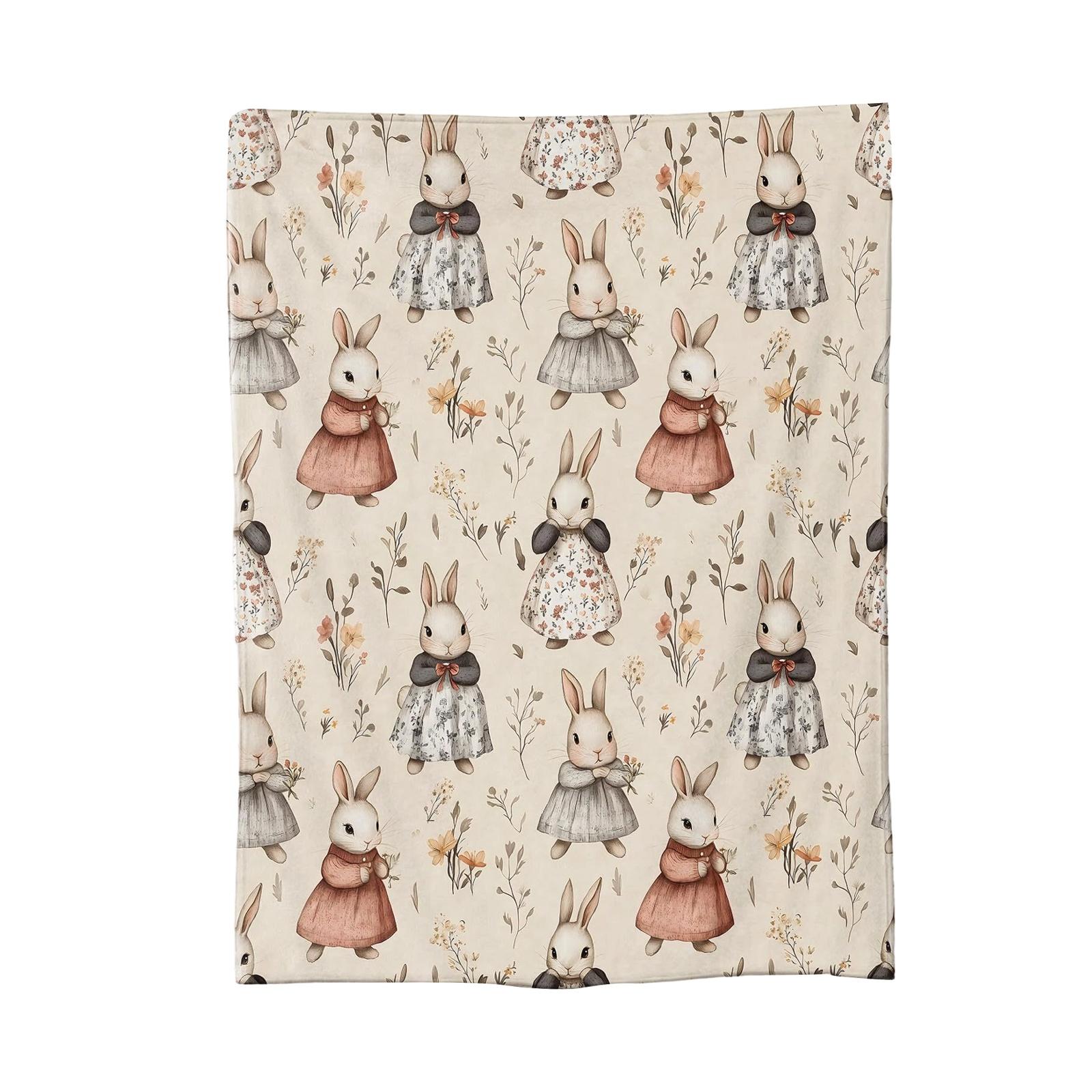 100*130cm Easter Flannel Bunny And Flower Digital Print Blanket, Bed Blanket, Small Dispenser