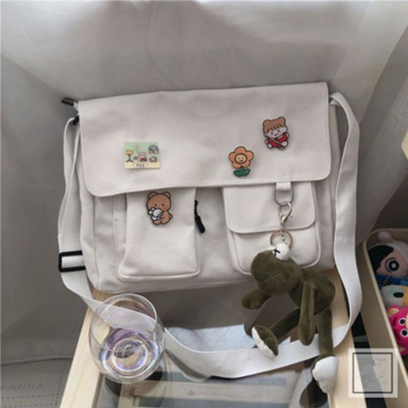 Japanese Harajuku Cute Retro Girl Shoulder Bag Chic Badge Canvas Crossbody School Bags Student Solid Color Messenger Bag Satchel