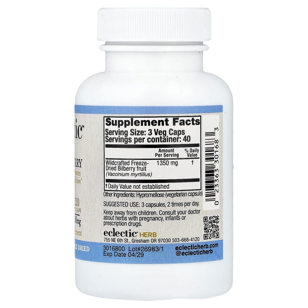 Eclectic Institute Fresh Freeze-Dried Bilberry 400mg Veggie Capsules, 120 Count