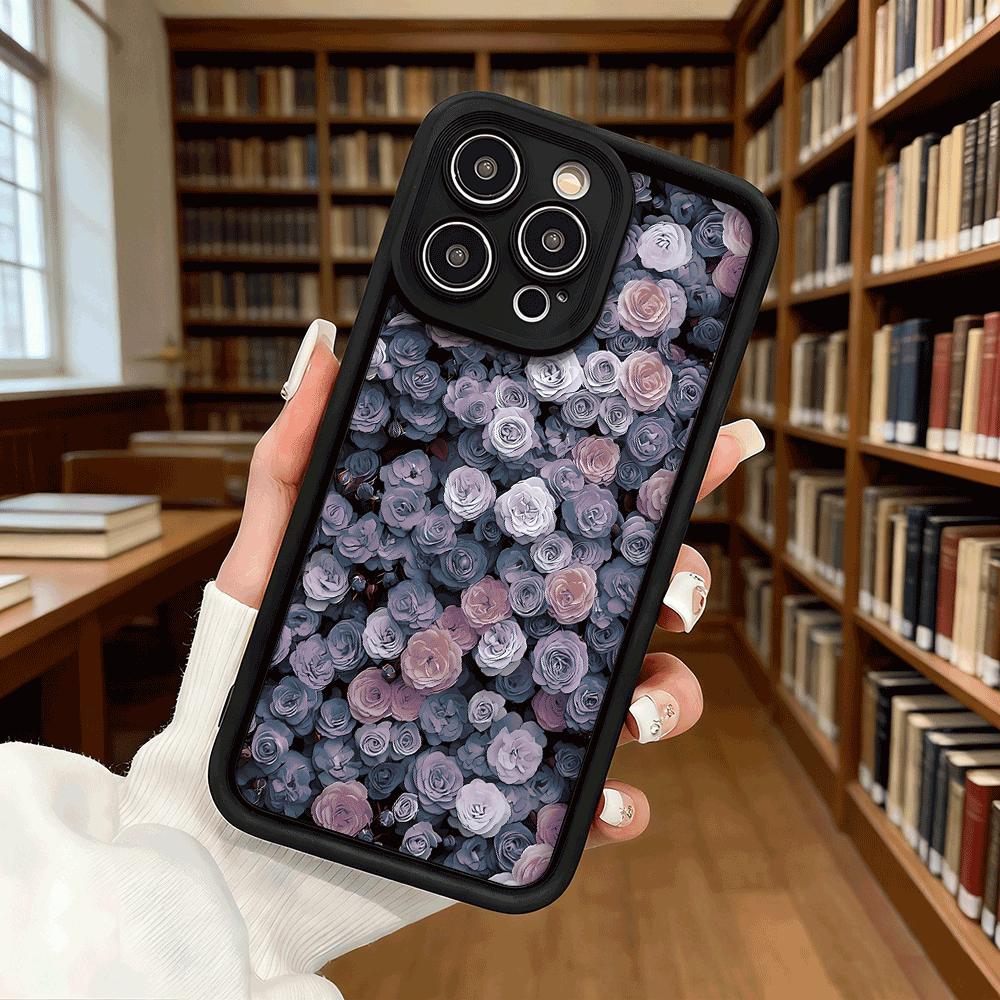 Dense Purple Rose Pattern Soft TPU Phone Case for iPhone 17 16 15 14 13 12 11 Pro Max Plus Shockproof Anti-Slip Cover