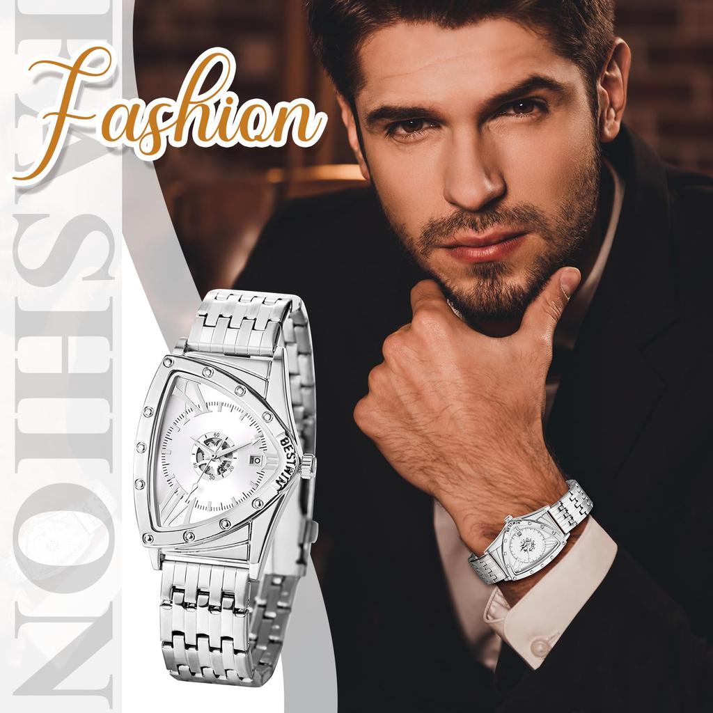 Wasserdichte und regendichte Herrenarmbanduhr mit dreieckigem Zifferblatt, Edelstahl-Strichindizes, verstellbarem silbernem Gehäuse, silbernem Armband, weißem Zifferblatt und