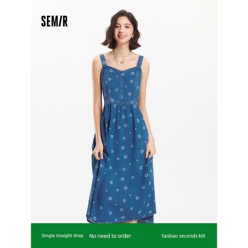 

Senma Demin dress Women Sweet Cool Fashion Personality 2025 Summer New Vigorous Full Printed Pure Cotton Suspender Skirt Cute Denim Blue 80317 150/76A/XS