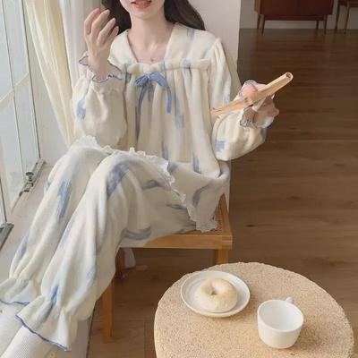 Damen Winter Flanell Pyjama: Langärmlig, Warm, Mit Samt, Lässiger Hausanzug