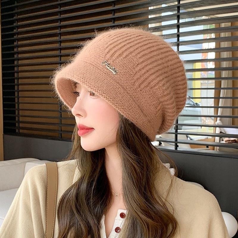New Hat Women's Winter Knitted Face Small Autumn and Winter Rabbit Fur Warm and Thickened Piled Wool Hat