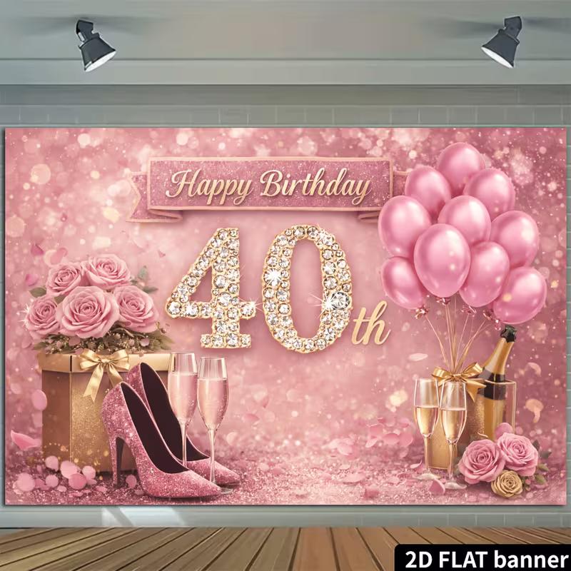 2D Happy 40th Birthday Photography Backdrop, Rose Gold Champagne & Balloon Themed Party Banner