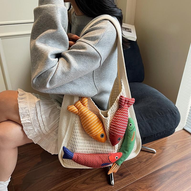 Borse a Spalla Shopper in Lana Lavorata a Maglia Decorazione Pesce Fortunato per Donna Grande Capacità Borsa da Shopping Borsa a Mano Casual da Strada Design Koi 2026