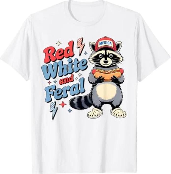 

Red White And Feral Funny Raccoon 4th Of July Boys Girls 100% Cotton T-shirt Mens Tees Top S