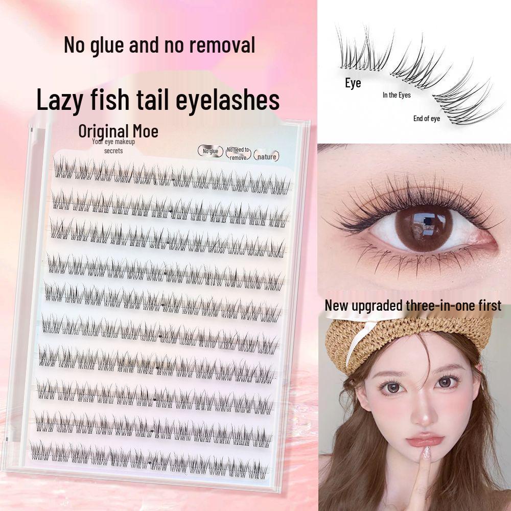 

Короткие натуральные накладные ресницы «рыбий хвост» без клея - 8-10 мм самоклеящиеся сегментированные ресницы с прозрачным тонким основанием 10mm Glue-Free Lazy Fish