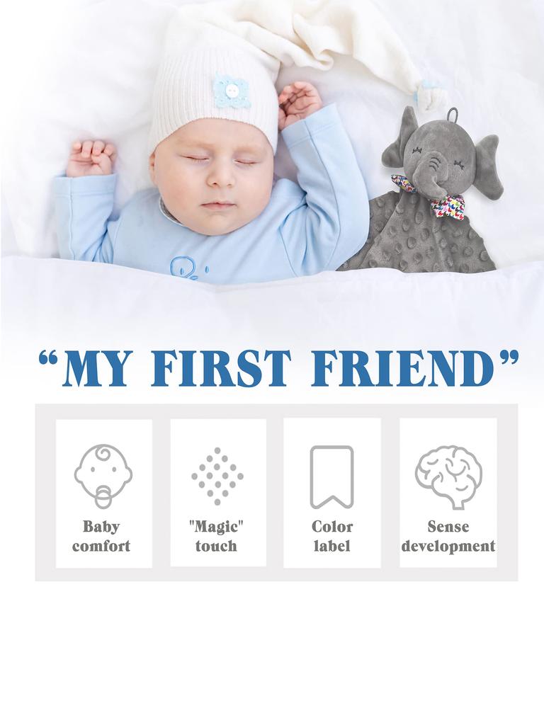 Baby Security Blanket Elephant with Tags Teether Rattles Mobile Soft Blanket Snuggle Toy Stuffed Animal for Babies Newborns Gift