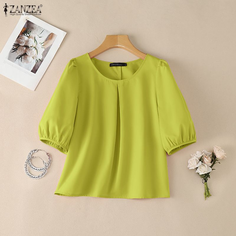 ZANZEA Blusa Casual da Donna a Manica Corta Girocollo Tinta Unita
