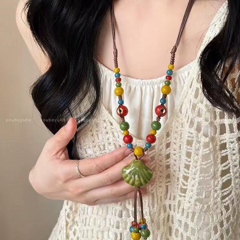 Bohemian Vintage Ethnic Necklace: Colorful Shell & Ceramic Beads On Braided Rope