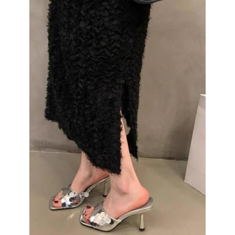 2025 Summer Hot Selling Women's High Heels and Slippers Fashionable and Elegant Square Toe Outdoor Versatile Silver Women Shoes