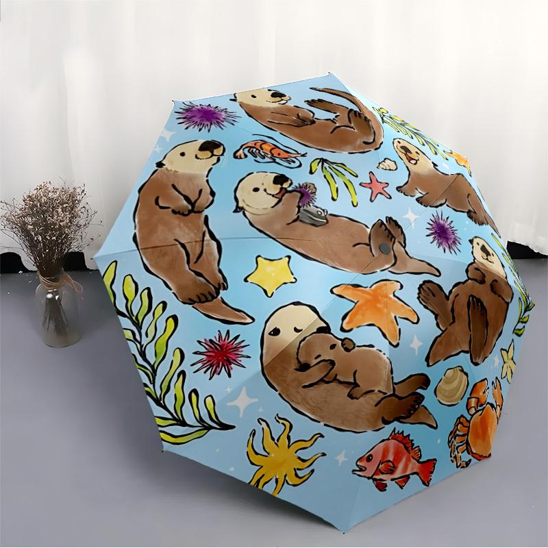 1pc Sea Otters Automatic Opening/Closing Folding Umbrella with 8 Ribs,Windproof Portable Sunshade Umbrella Holiday gift yy260401036