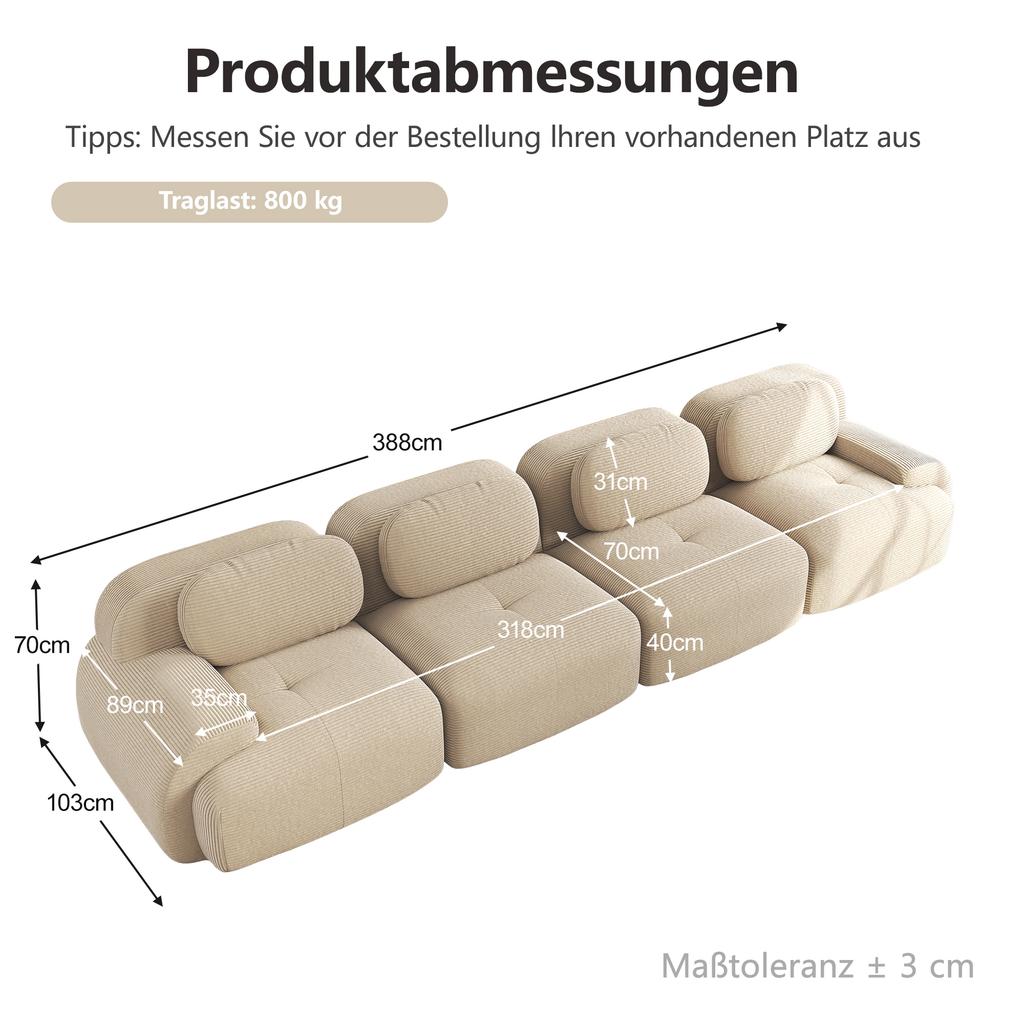 4-Seater Sofa Soft Corduroy, Frameless, 32D High-Elastic Padding, Pet-Friendly, Vacuum-Packed, Combinable, No Assembly for Bedroom and Office, Beige