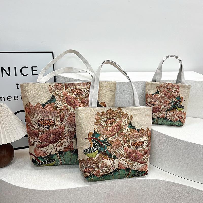 New handbag gold silk embroidered panda bag women's large-capacity shopping bag work bag