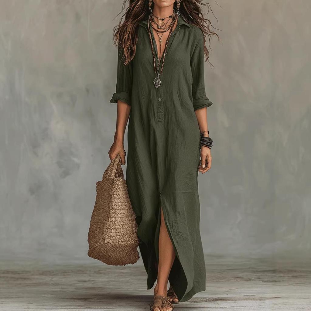 2026 Spring/Summer Casual Solid Color Lapel Slit Dress