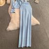 Spring Autumn Women Elegant Knitted Sweater Office Two Piece Set V-neck 3D Flower Pullover Tops and Long Maxi Sheath Skirt Outfits