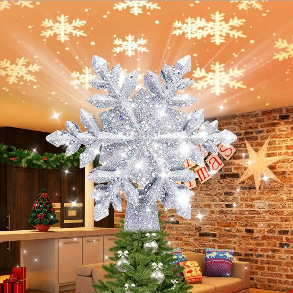 Christmas Tree Topper Lighted Snowflake Tree Topper Rotating LED Snowflake Projector 3D Glitter Projector for Xmas Tree Decor
