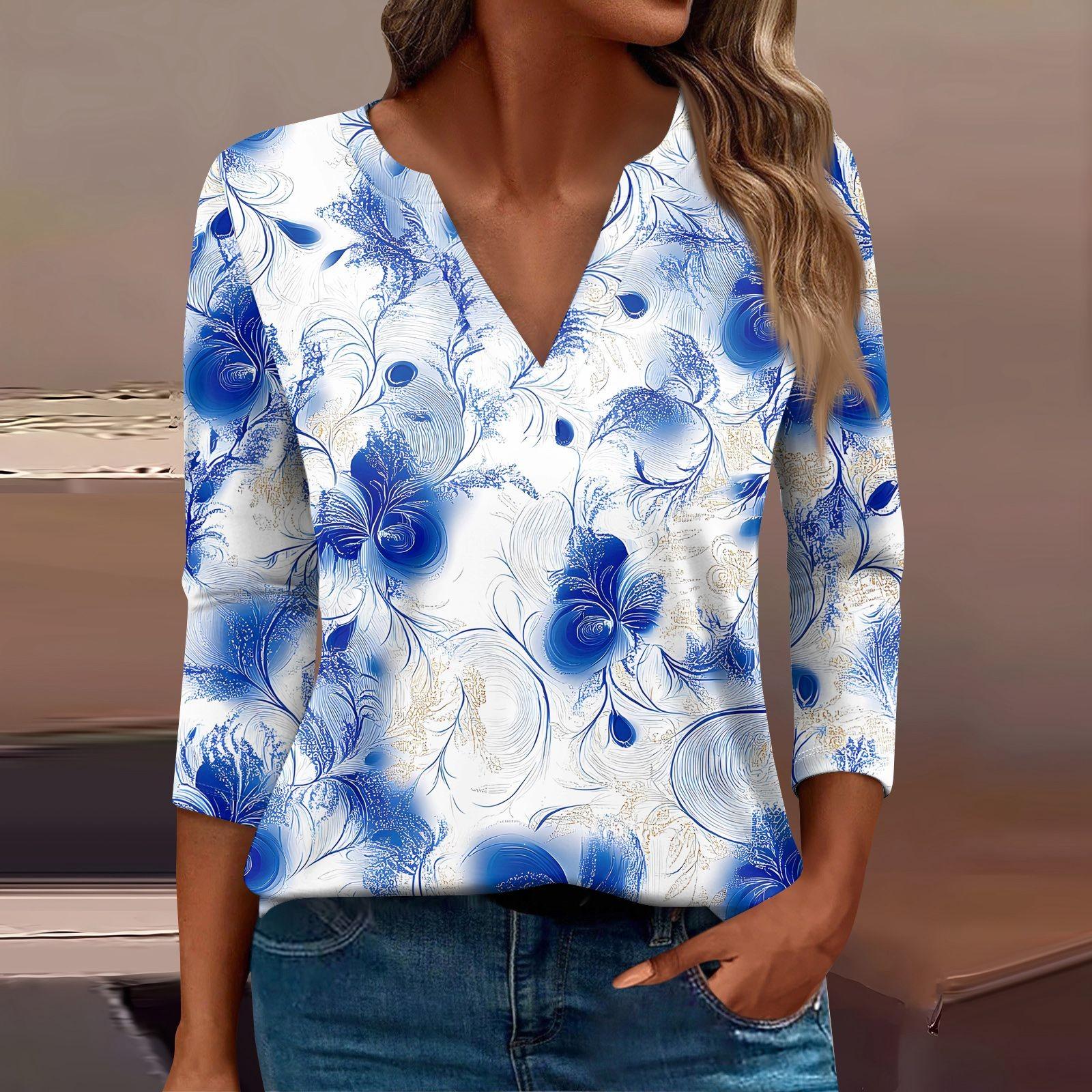 

Женская футболка Футболка с принтом Рукав 3/4 Повседневные Выходные Мода Базовый V-образный вырез Обычный топ L синий