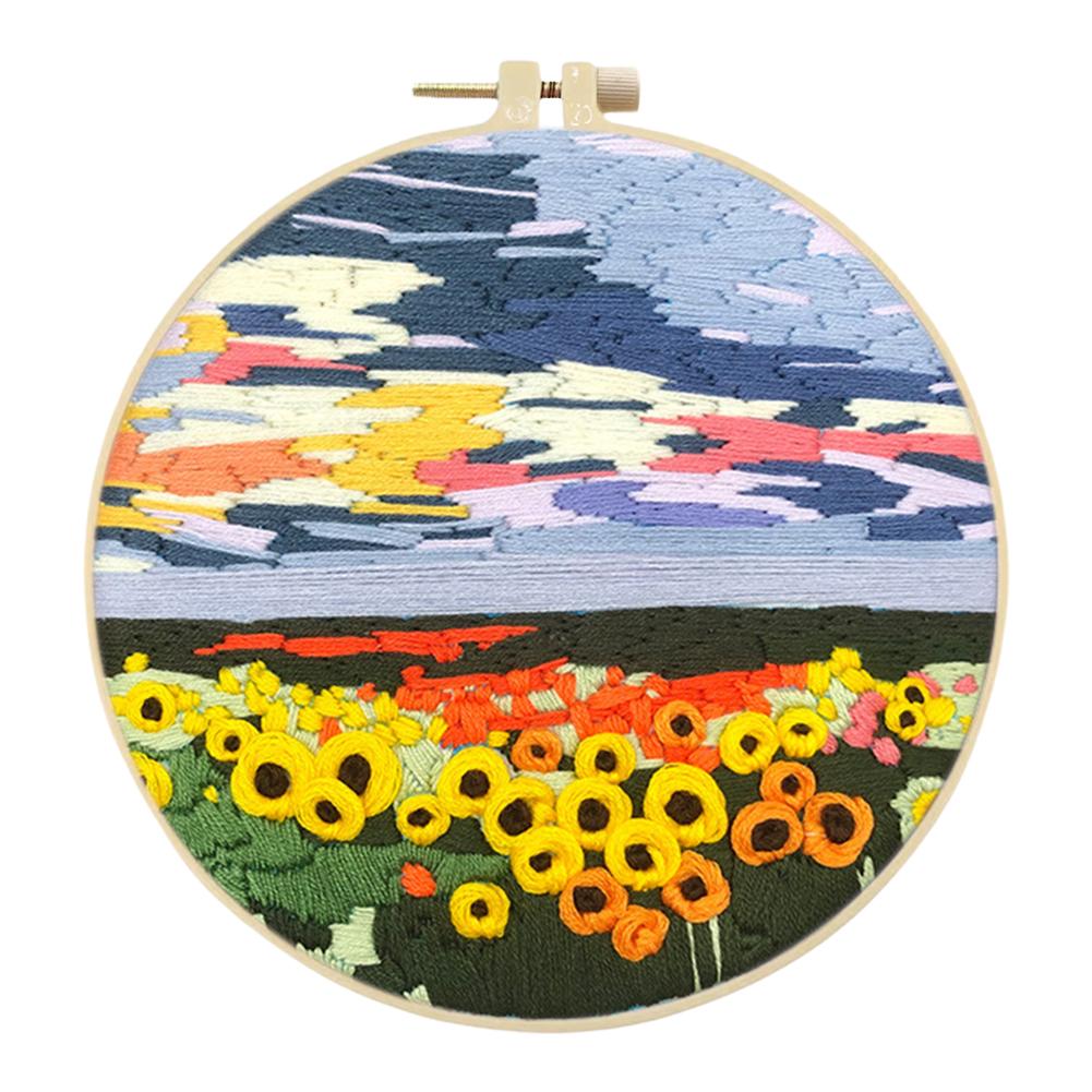 Flowers Stamped Cross Stitch Embroidery Kits with Hoop Cloth Color Thread